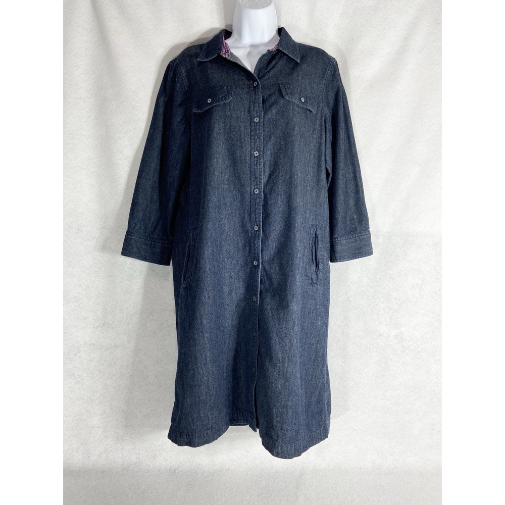 Talbots Denim Shirt Dress Women's 14 Blue Button Up 3/4 Sleeves Utility Safaris
